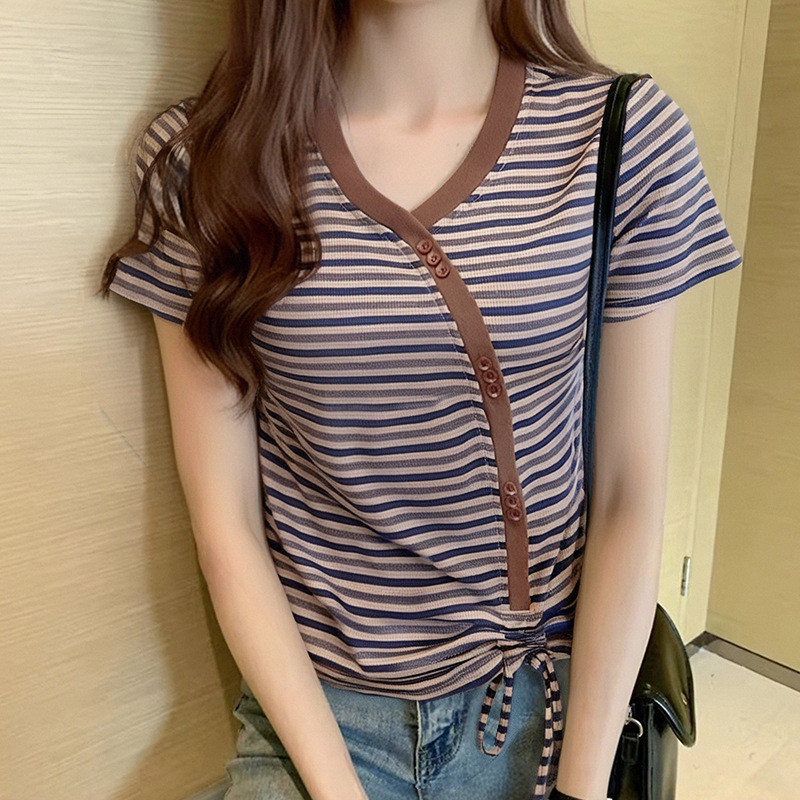 เสื้อบางผู้หญิงออกแบบเชือก v Match ฤดูร้อนวาดร้อยปุ่ม Casual twm-5xl Embellishment Simple t Stripes 