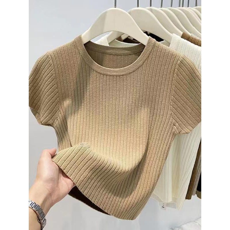 Pit Shirt Summer Feel korea Retro Western Style Waxy tw Soft Round Neck Sweater New Style Short-Slee