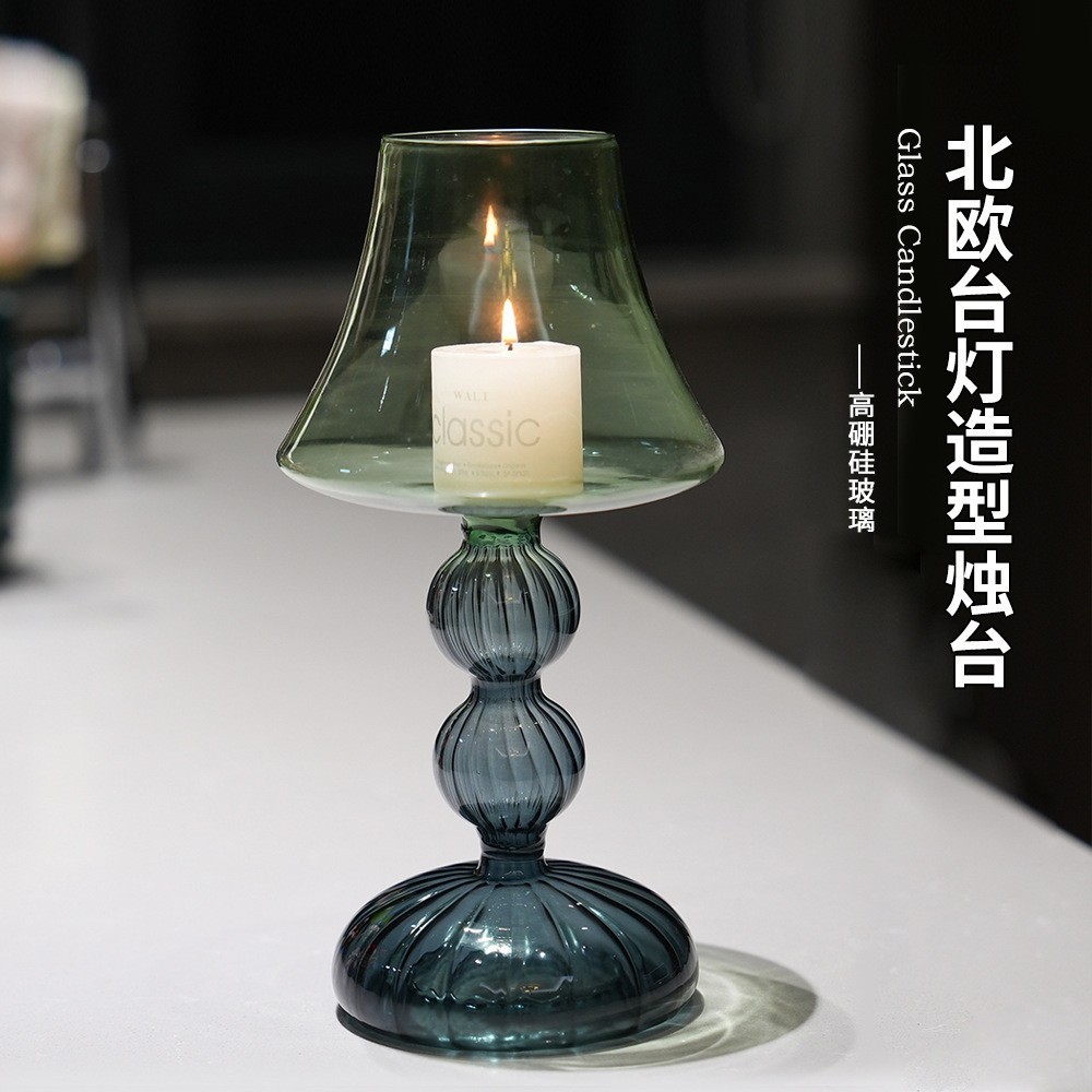 Nordic-style colored glass candle holder, large table lamp-shaped candle holder, colorful vintage ho