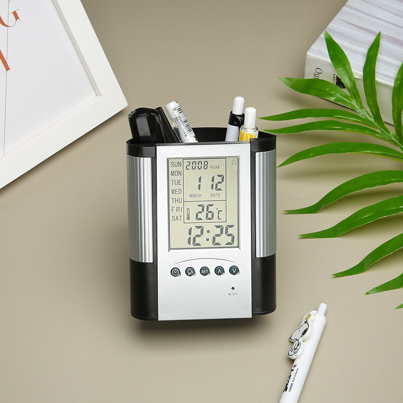 Multifunctional Pen Holder Alarm Clock Creative Temperature Calendar Display Office Stationery Pen H