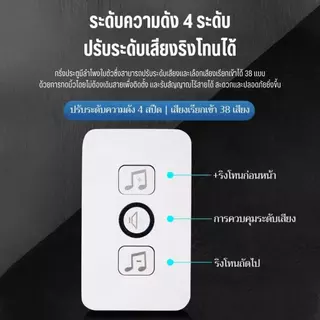กริ่งประตูไร้สาย ระยะการใช้งาน 10-15 เมตร กันน้ำและฝุ่น ริงโทน 38 เสียง ติดตั้งง่ายมาก ไม่ต้องเจาะ