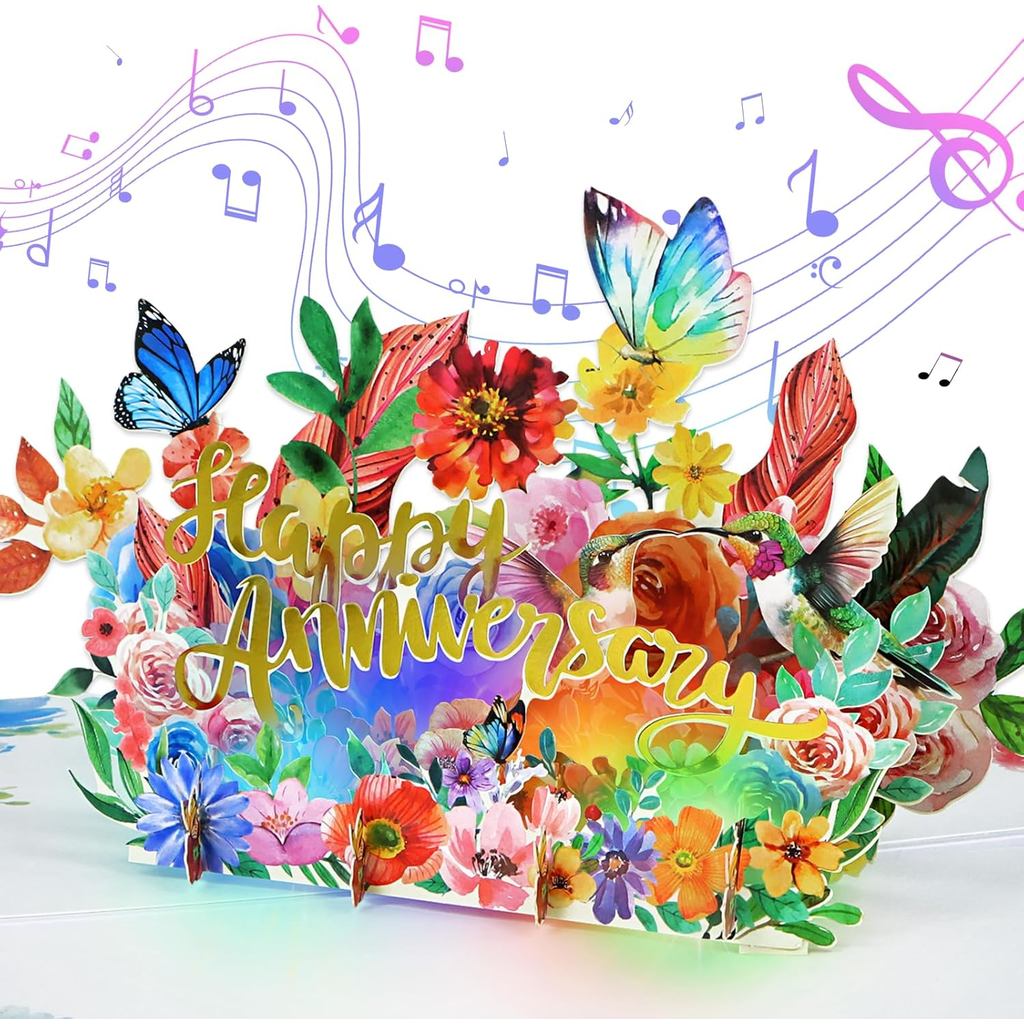 การ์ดครบรอบดนตรี D24TIME พร้อมไฟ - การ์ดวันครบรอบสุขลายดอกไม้ป๊อปอัพสําหรับภรรยา รวมซองครบรอบ