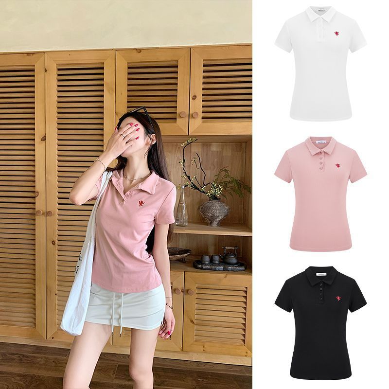 [ลดราคาจํากัดเวลา] Moses Queen/Moss Queen สไตล์เกาหลี POLO Collar ปักเสื้อยืดแขนสั้นผู้หญิงฤดูร้อน C
