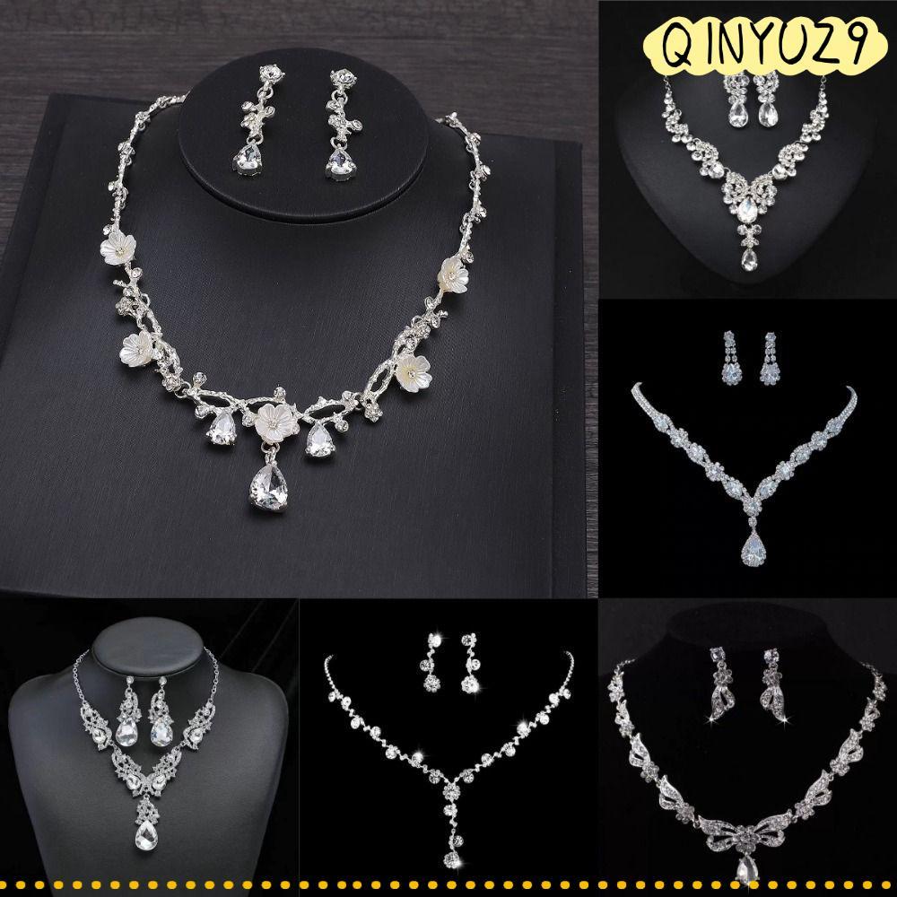 QINYUZ9QX 3 ชิ้นสร้อยคอ Rhinestone, Water Drop Shape ประกายชุดเครื่องประดับเจ้าสาว,แฟชั่นคริสตัลเงาต