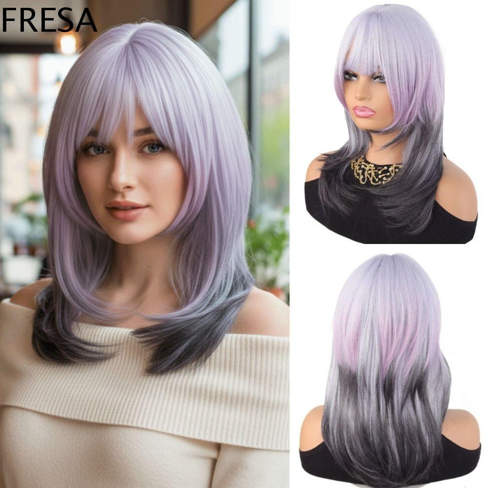 FRESA High-layered Mullet ตัดผม, Hairpiece สังเคราะห์Gradient สีม่วงวิกผมสีดํา,แฟชั่นธรรมชาติ 16 นิ้