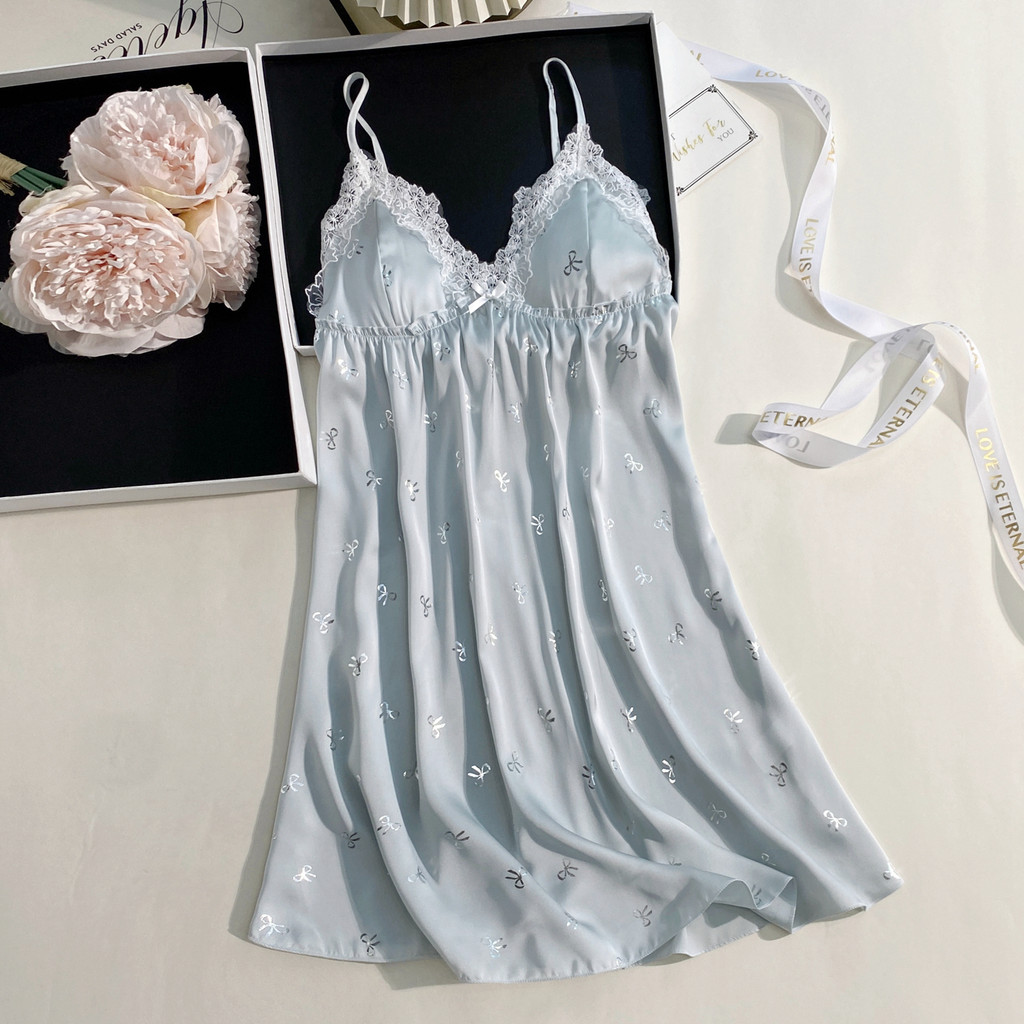 LACE CHILLI ชุดนอนผ้าไหมซาติน ชุดนอนกระโปรงผู้หญิง ชุดนอนสายเดี่ยว 🍍  M-5XL | 40-100กก. L-059