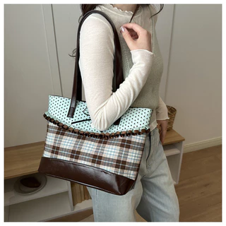 โบว์ตรวจสอบ Retro Checked Polka Dot Tote กระเป๋า Preppy สไตล์ขนาดใหญ่ความจุกระเป๋าถือ Commuter Class กระเป๋าสะพาย