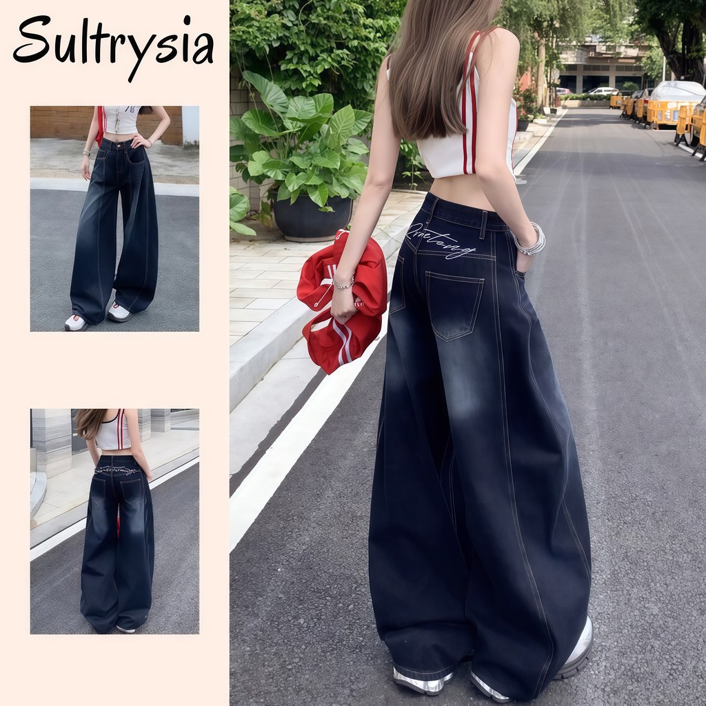 SultrySia กางเกงขายาวกางเกงยีนส์เอวสูง หลวม การออกแบบภาษาอังกฤษ วินเทจ เอวเข้ารูป ใส่สะบาย แมทง่าย  "NZ1963"