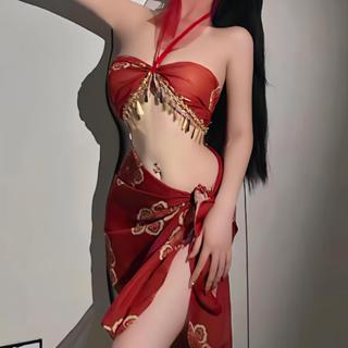 สีแดง สไตล์จีน ชุดนักเต้น ชุด cosplay สไตล์สายรัดด้านข้าง ดี…