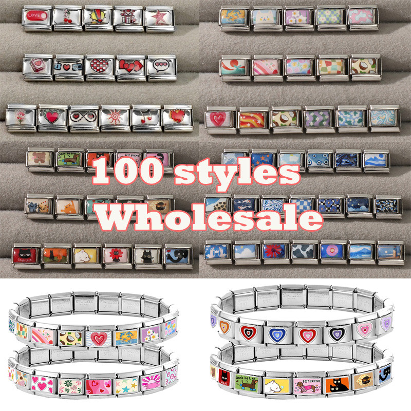 สร้อยข้อมือ charm links สแตนเลสสไตล์อิตาเลียน ขนาด 9 มม. เหมาะสำหรับผู้หญิงและผู้ชาย พร้อมออกแบบพวงมาลัยผีเสื้อกลางสมุทร