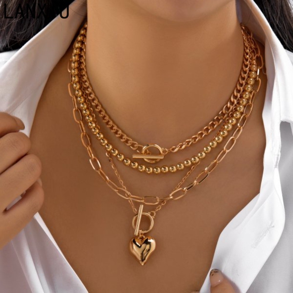 LANXIU 4 ชิ้นอเนกประสงค์ Stackable ลูกปัดสร้อยคอสร้อยคอชุดหัวใจ OT Clasp Dainty แฟชั่นอุปกรณ์เสริมสํ