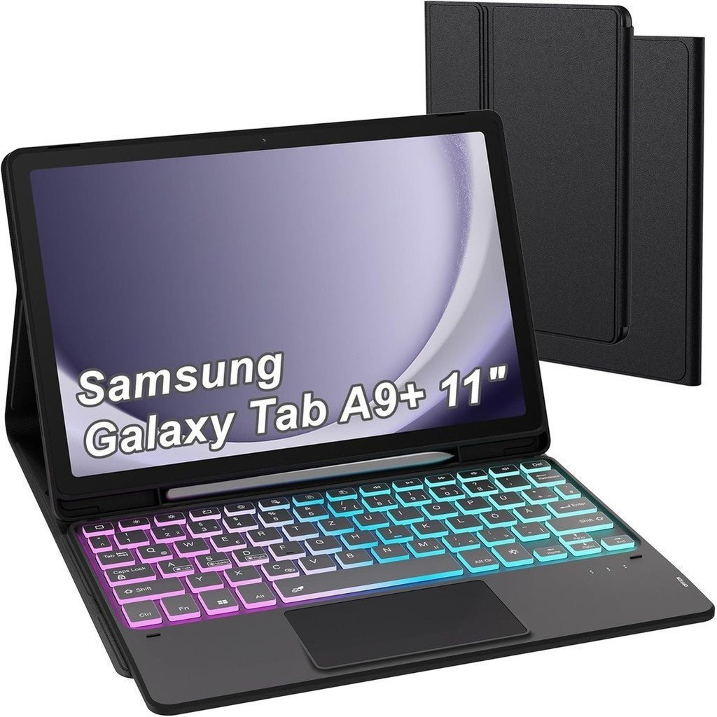 เหมาะสําหรับ Samsung Galaxy Tab A9 Plus เคสป้องกันพร้อมคีย์บอร์ด QWERTZ-DIY สามโซนแสงไฟเจ็ดสีคีย์บอร