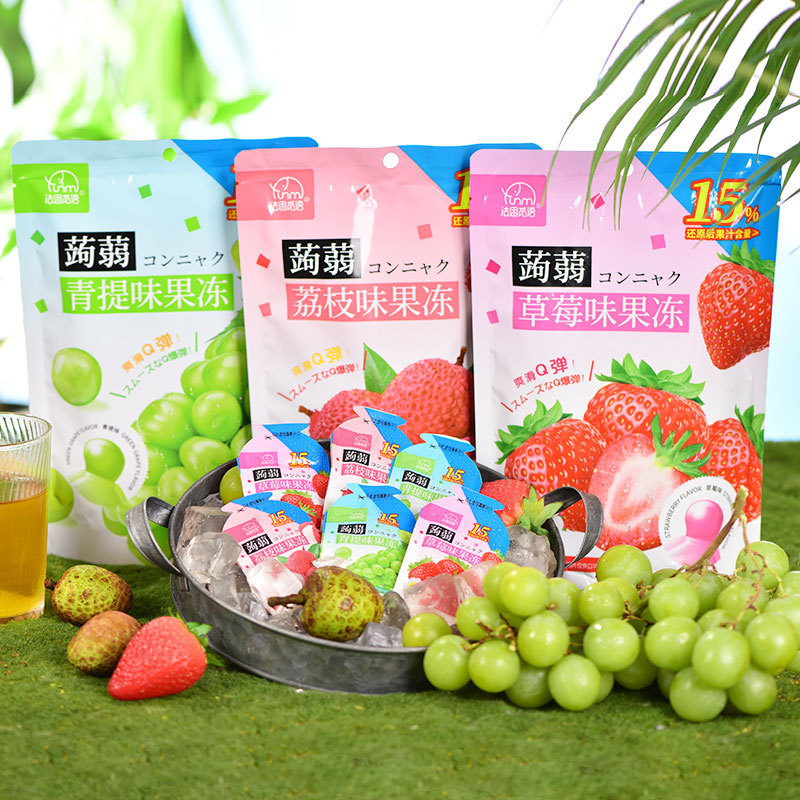 Fasm Language Konjac Jelly Strawberry Lychee Green Flavour Snacks Sucking Jelly 160g (ประมาณ 13 ชิ้น