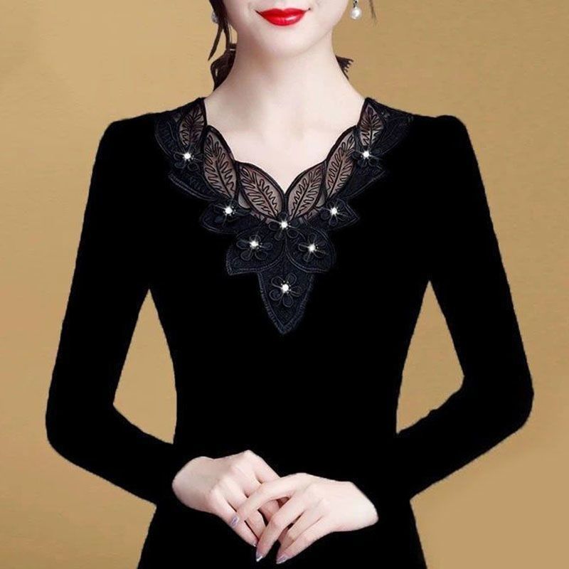 เกาหลีเกาหลี 2026 Modal ผ้าฝ้ายแขนยาวเสื้อยืดผู้หญิง 2025 ฤดูใบไม้ผลิฤดูใบไม้ร่วงเพชร-Studded วัยกลา