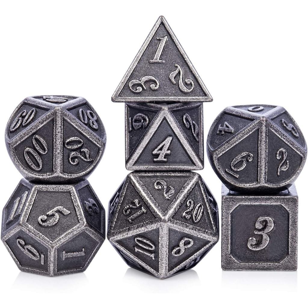 DnDnD Acient Silver Metal DND Dice Set, 7PCS D&D Metal Dice พร้อมเคสโลหะสําหรับ Dungeons และมังกร, S