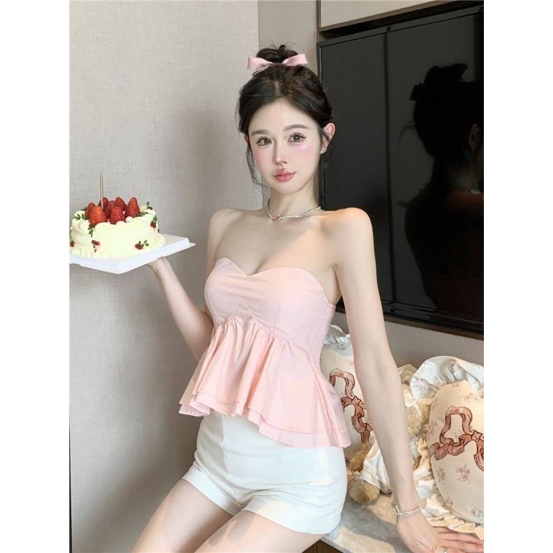 COD 2026 สีชมพู Ruffled Off-the-Shoulder Tube Top เสื้อกั๊กผู้หญิงฤดูร้อนภาษาฝรั่งเศสคํา Gentle Wrap
