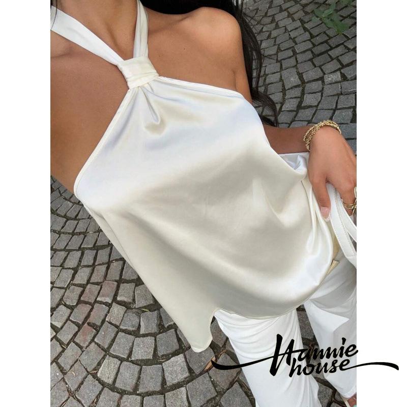 HANIE House - เสื้อคล้องคอนุ่มผ้าซาตินแขนกุด สไตล์เปลือยหลังสีทึบสำหรับผู้หญิง