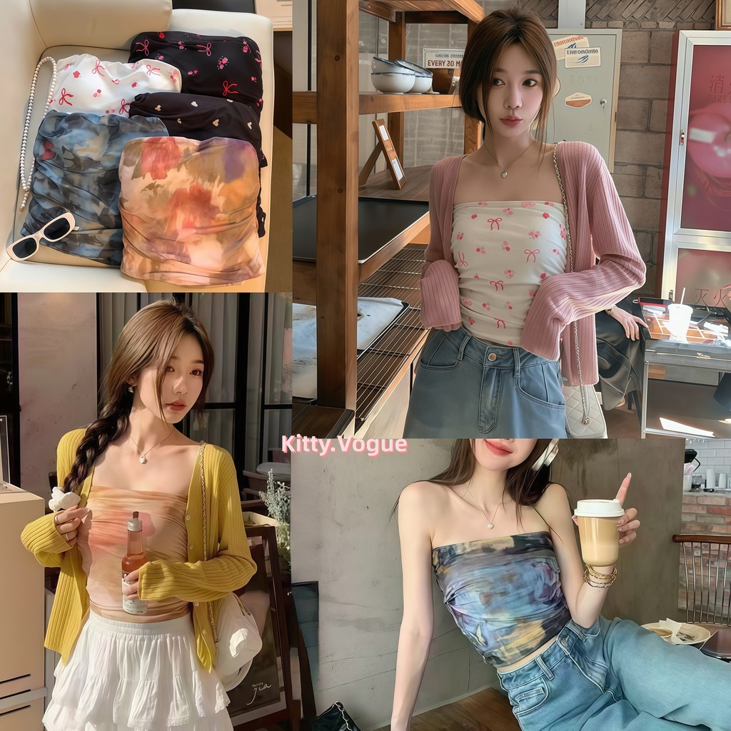 Kitty.Vogue ผู้หญิงเสื้อเกาะอก มีฟองน้ำ หลายธาตุ ลายน่ารักมาก สไตล์เกาหลี สำหรับหน้าร้อน FY6892 ราคา ถูกที่สุด ดีลบีเคเค รูปภาพหลัก