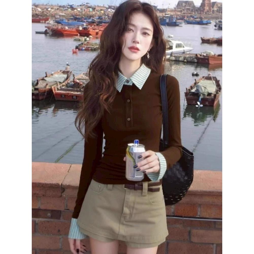 Bentoy พร้อมส่งในไทย( 3368 ) เสื้อยืดแขนยาว คอปกแบบโปโล ลายขวางเลเยอร์ปลอมฟิตกระชับ รูปที่ 2