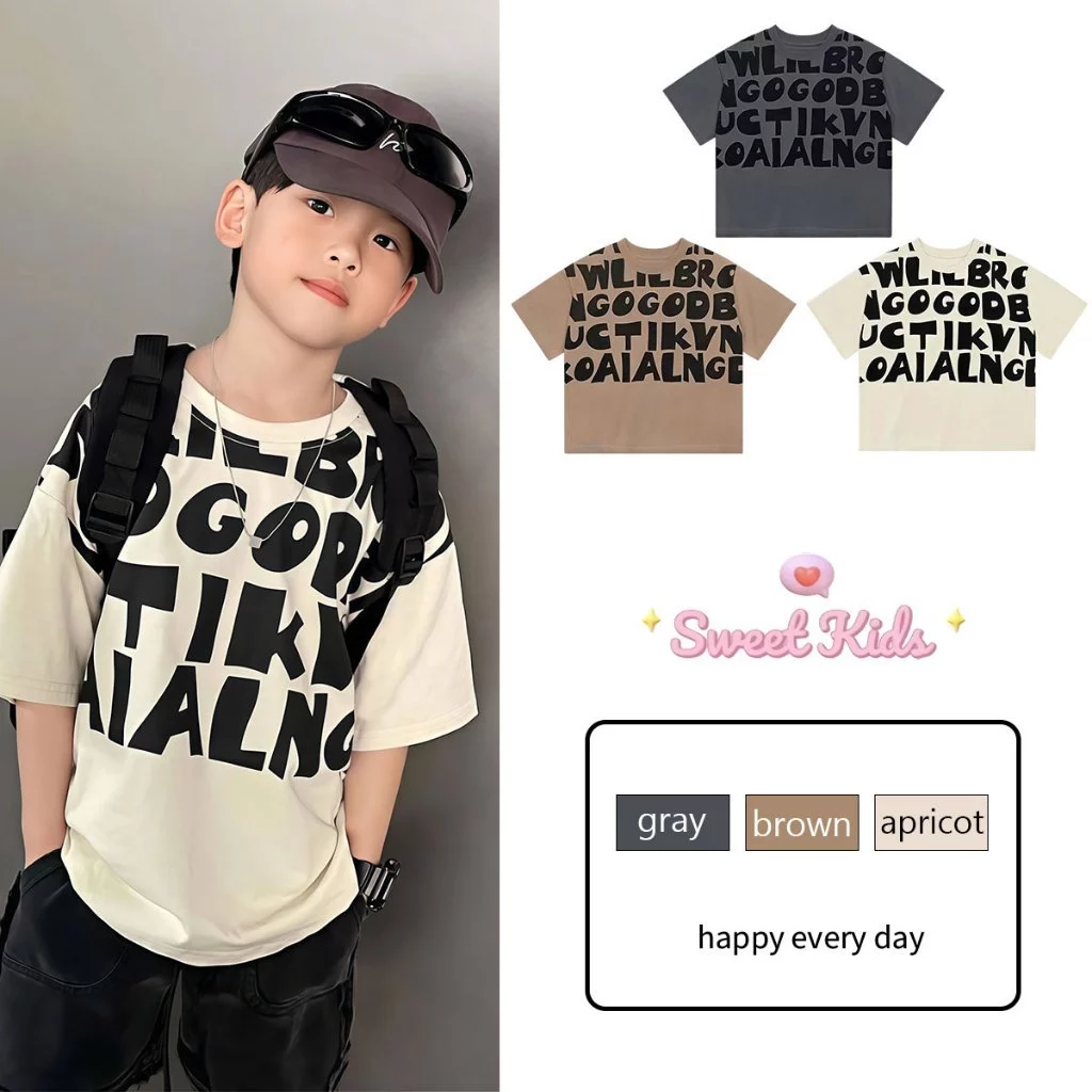 SweetKids พร้อมส่งจากกทม🌸เสื้อยืดเด็ก🍓เสื้อแขนสั้นเด็กผู้ชายหน้าร้อน ลายตัวอักษร สไตล์เท่ๆ ใส่สบายหายใจได้ แมทช์ง่าย