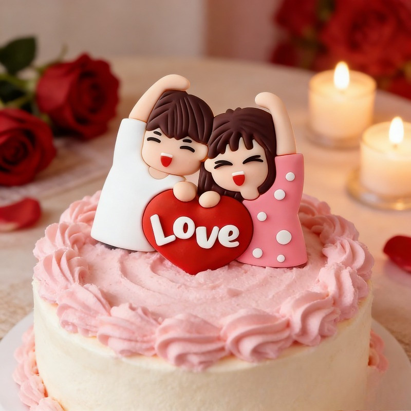ท็อปเปอร์เค้กคู่รักแห่งความรัก: ตุ๊กตาเด็กผู้ชายและเด็กผู้หญิงน่ารักพร้อมของตกแต่งหัวใจสําหรับฉลองโรแมนติก
