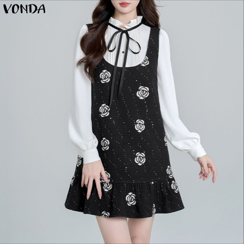 VONDA ผู้หญิงเกาหลี Girlish Stand-Up Collar, แขนยาว, ตัดแต่งหูสีดํา, กุทัณฑ์สีตัดกันและจีบดอกไม้ชุดปลอมสองชิ้น — صورة 4