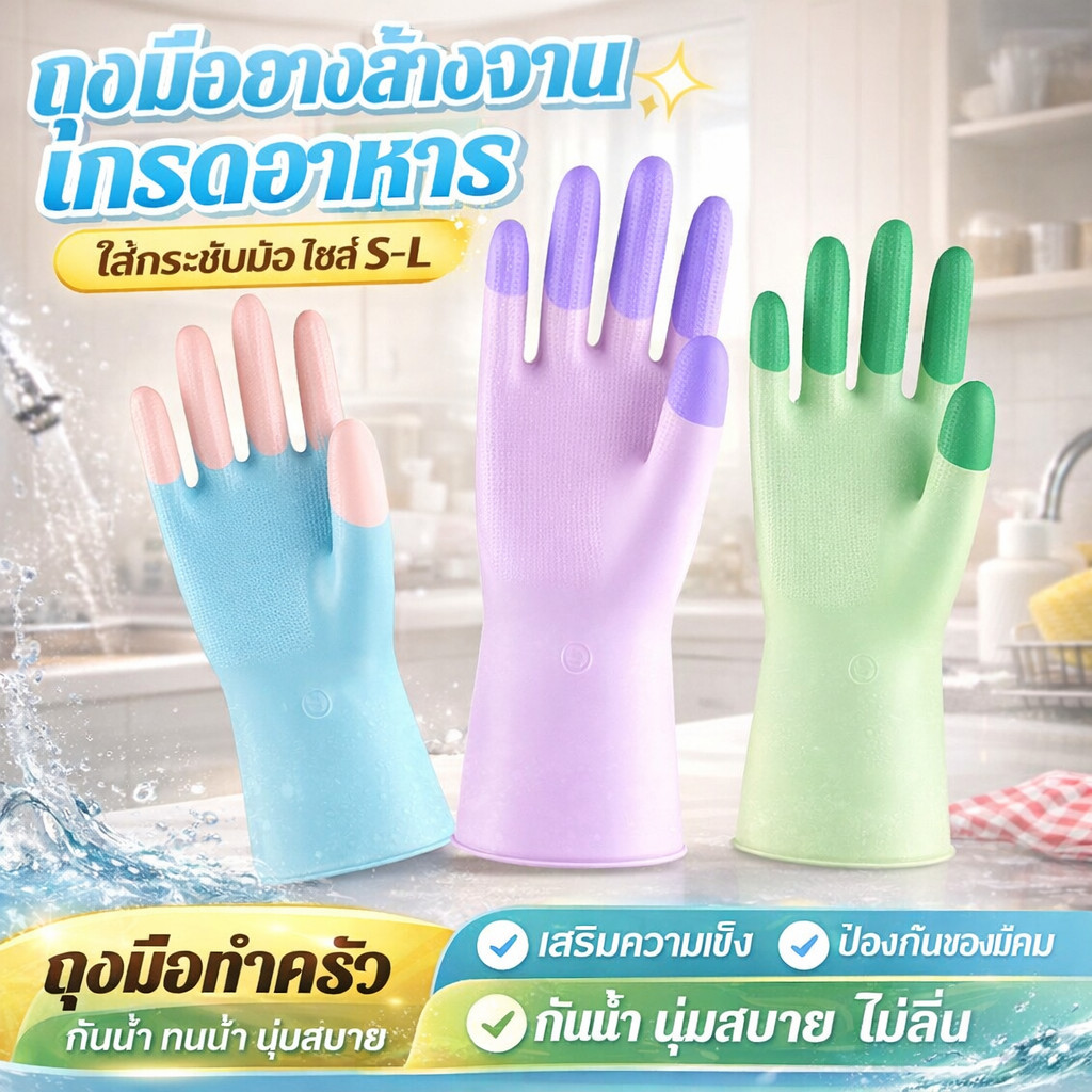 【ทนร้อน100°C/ไม่ลื่น】🛡️ป้องกันของมีคม200%+ทนน้ำร้อน100°C🛡️ ถุงมือยางล้างจานเกรดอาหาร ใส่กระชับมือ ไซส์S-L