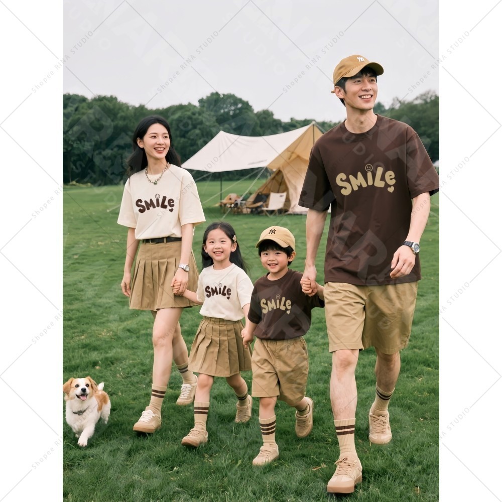🔥แบบใหม่🔥พร้อมส่ง&COD ชุดครอบครัวใหม่ สำหรับครอบครัว 4 คน ที่มีลายสัญลักษณ์ "smile" พิมพ์ และทำจากเสื้อยืด 100% ฝ้าย