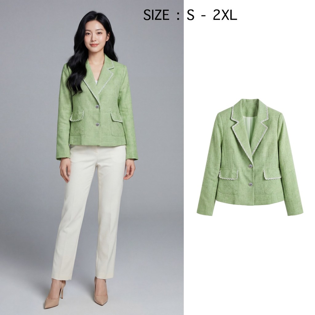 เสื้อเบลเซอร์สูท แขนยาว สีเขียวอ่อน แต่งขอบลูกไม้ ผ้าทวีด มีกระเป๋าหน้าใช้งานได้จริง มีซับด้านใน