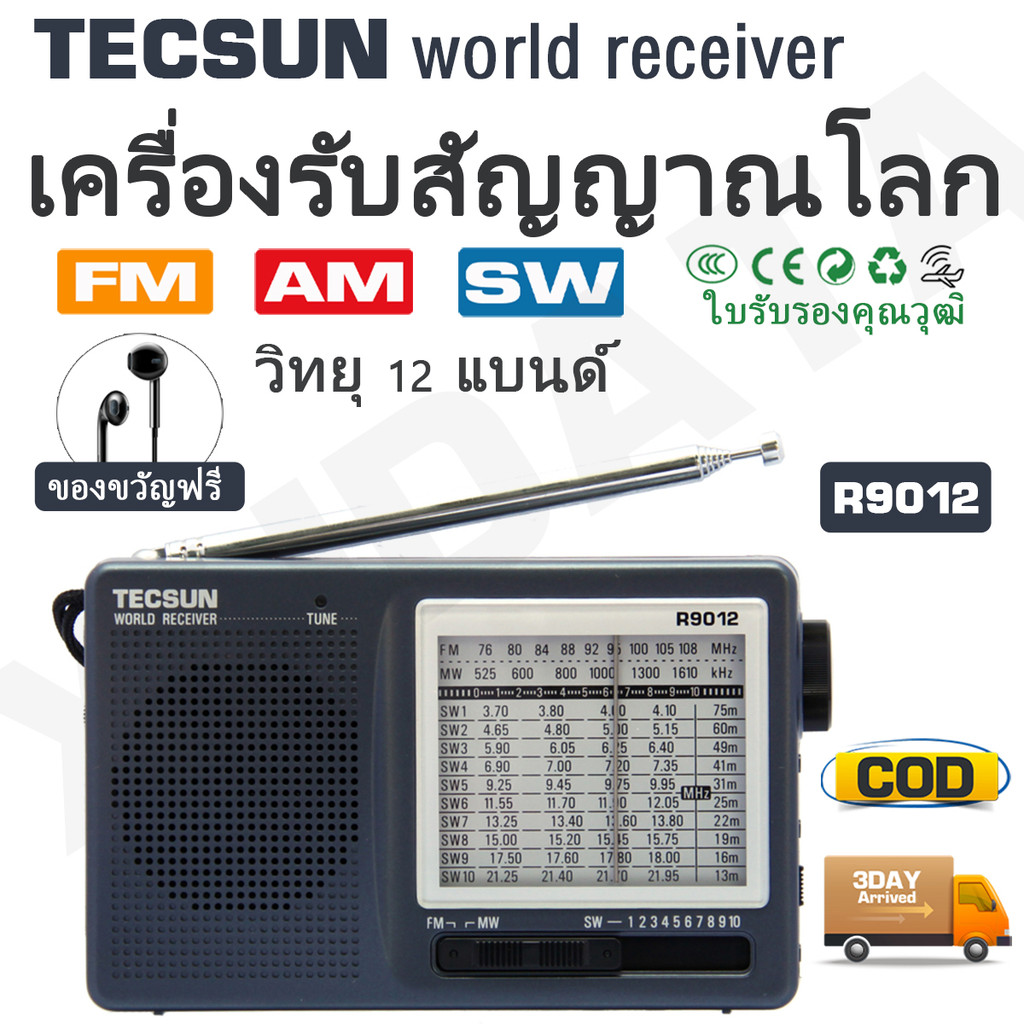 【การรับรอง CCC】 TECSUN R9012 วิทยุพกพา แถมหูฟังฟรี FM/AM/SW วิทยุปั่นไฟ 12 Bands World Receiver Low 