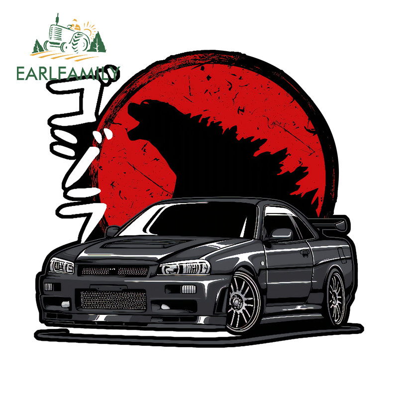 EARLFAMILY Godzilla และ Nissan Cars สติกเกอร์บุคลิกภาพสเก็ตบอร์ดสเก็ตบอร์ด PVC Decal กันน้ํา Cool ตกแต่ง