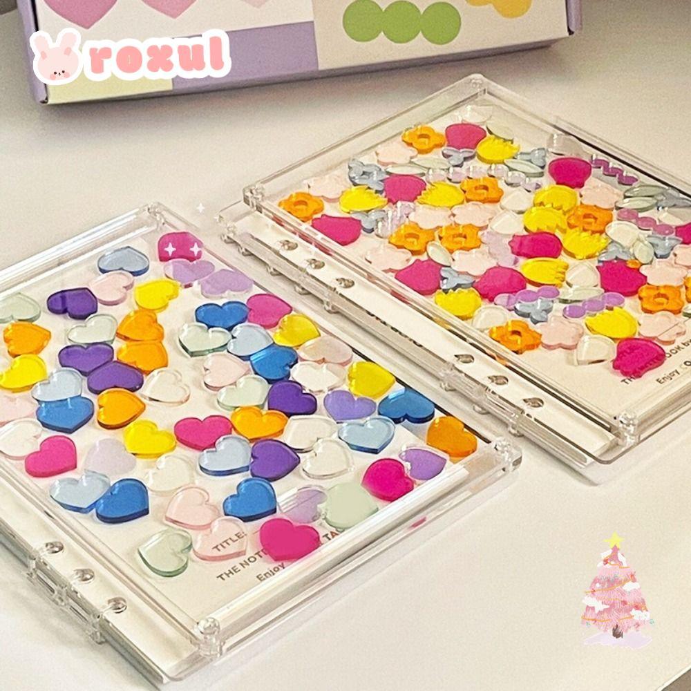 ROXUL หนังสือใบหลวม, A5/A7 DIY Binder Notebook, ที่ถอดออกได้สีอะคริลิคโปร่งใสฝาครอบดอกไม้ไหล/Heart Memo Note นักเรียน