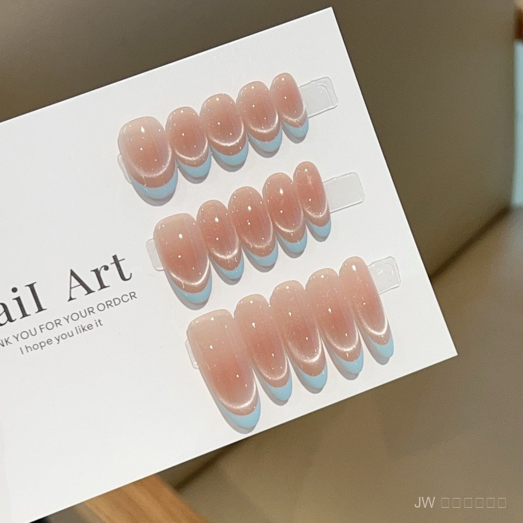 💙ฟรีเซีย เล็บเจลแคทอายแฮนด์เมดสีฟ้า ~ สไตล์เฟรนช์ใสกริบ ใส่แล้วผิวขาวใสดูสง่าแถมฟรี! กาว+ตะไบ