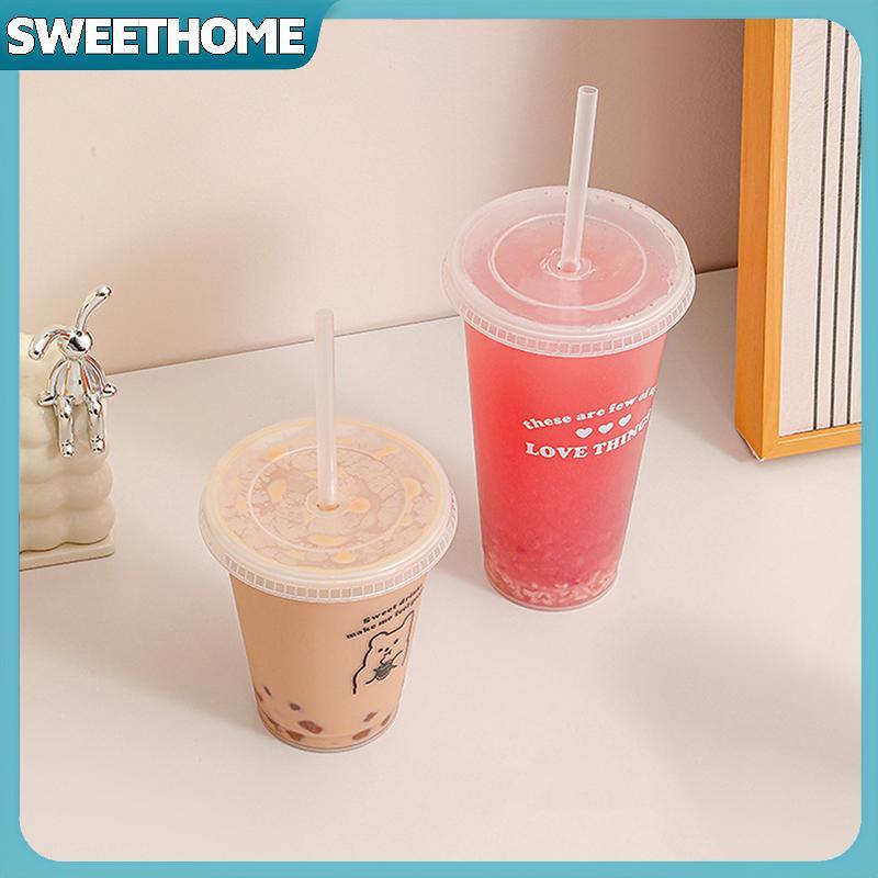 SWEETHOME Kawaii ขวดน้ําสําหรับกาแฟน้ําผลไม้นมชาน่ารักพลาสติกเย็นถ้วยพร้อมฝาปิดฟางแบบพกพานํากลับมาใช