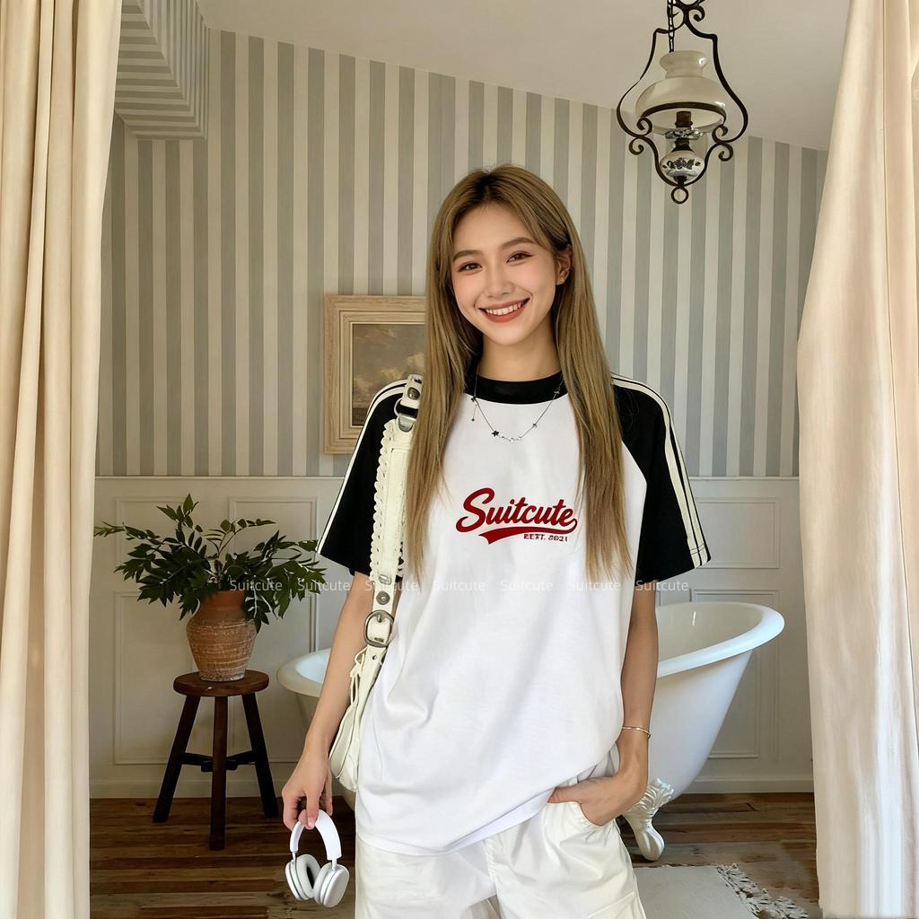 Suitcute G006เสื้อยืดทรงหลวมลายตัวอักษรสไตล์วินเทจ