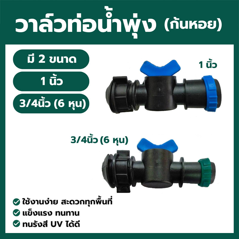 (แพ็ค 10 ตัว)วาล์วเทปน้ำพุ่ง สายส่งผ้าใบ+สายน้ำพุ่ง ขนาด 6หุน(25มิล) 1 นิ้ว(30มิล) (ก้นหอย)