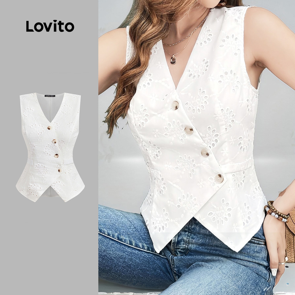 Lovito เสื้อสายชิลล์ลูกไม้เย็บปักด้วยปุ่ม แขนสั้นรับฤดูใบไม้ผลิ/ฤดูร้อน สีขาว สำหรับผู้หญิง L143AD1885