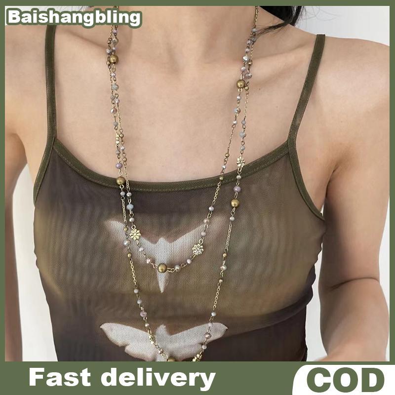 BSBL เสื้อกันหนาว.getLong.Boho.ประดับหิน-crystal.พร้อมสร้อยคอมุก.สำหรับคนแต่งตัวแนวแฟชั่น