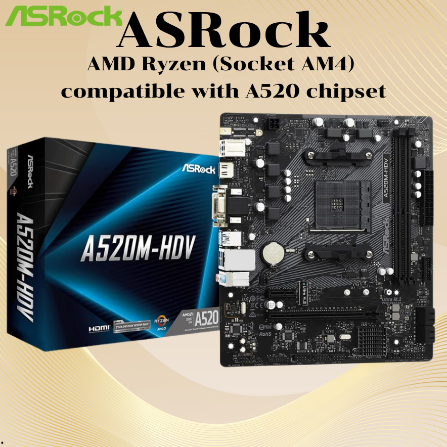 ASRock A520M-HDV Motherboard AMD Ryzen 5000/4000/3000 AM4 Micro-ATX Ultra M.2 Triple Monitor Support