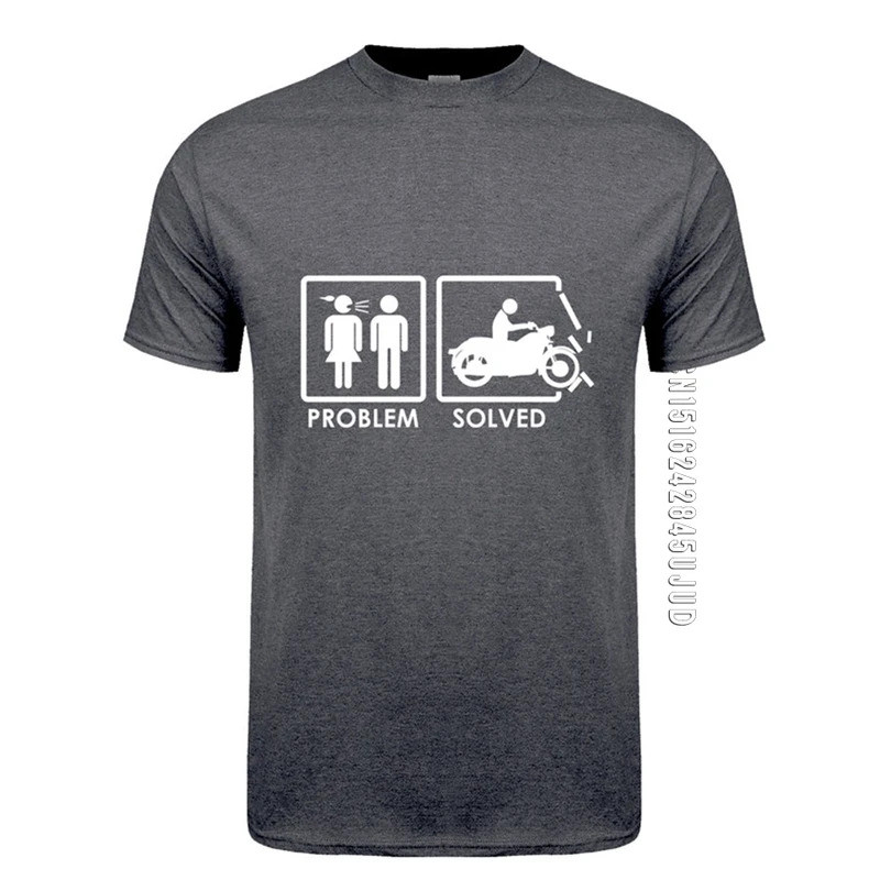 เสื้อยืดผู้ชาย Problem Solved คอกลม ผ้าฝ้าย เสื้อยืดสำหรับนักขี่มอเตอร์ไซค์ เสื้อยืดวันเกิด เสื้อยืด