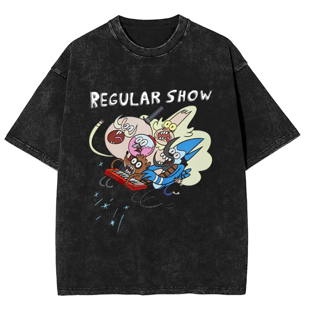 การ์ตูนRegular Show graphic 100% ผ้าฝ้าย Heavyweight Washed short-SLEEVE เสื้อยืดสําหรับผู้ชาย