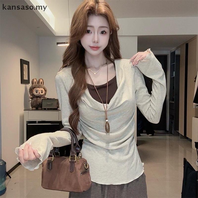 [KSA] ฤดูใบไม้ร่วงเกาหลีอารมณ์สวิงคอปกแขนยาวบางปลอมสองชิ้นเสื้อยืดสําหรับผู้หญิง [ของฉัน]
