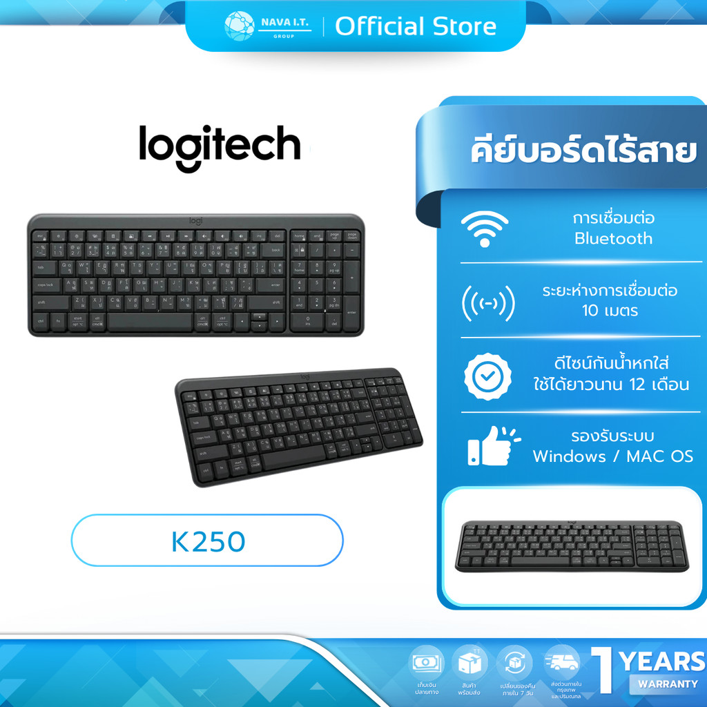 (มีส่งด่วน) WIRELESS KEYBOARD (คีย์บอร์ดไร้สาย) LOGITECH K250 - GRAPHITE