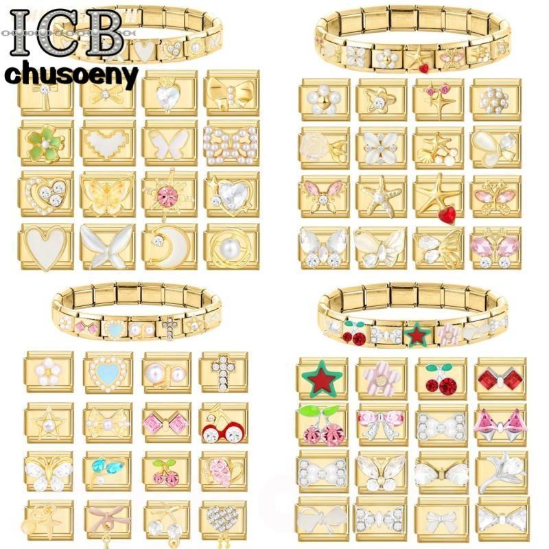 ยอดนิยม Love Golden Pearl Heart ดอกไม้อิตาเลี่ยน Charm Links Fit 9 มม.สร้อยข้อมือสแตนเลสทําเครื่องประดับ