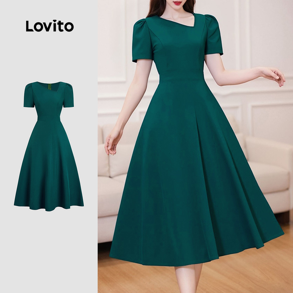 Lovito เดรสผู้หญิงสีฟ้าน้ําทะเลสไตล์คลาสสิกสําหรับฤดูใบไม้ผลิและฤดูร้อน ดีไซน์ไม่สมมาตร ใส่ได้หลากหลายโอกาส LBL33120