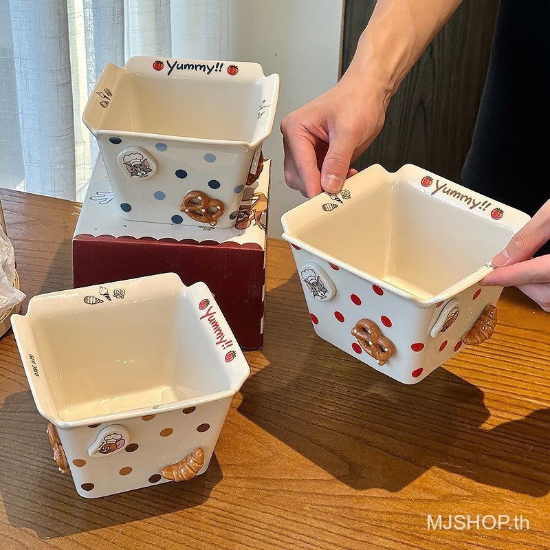 [คลังสินค้าพร้อม] MJshop French Fries ชามเซรามิคแมวและเมาส์ Popcorn ชามสลัดผลไม้ของขวัญวันเกิด