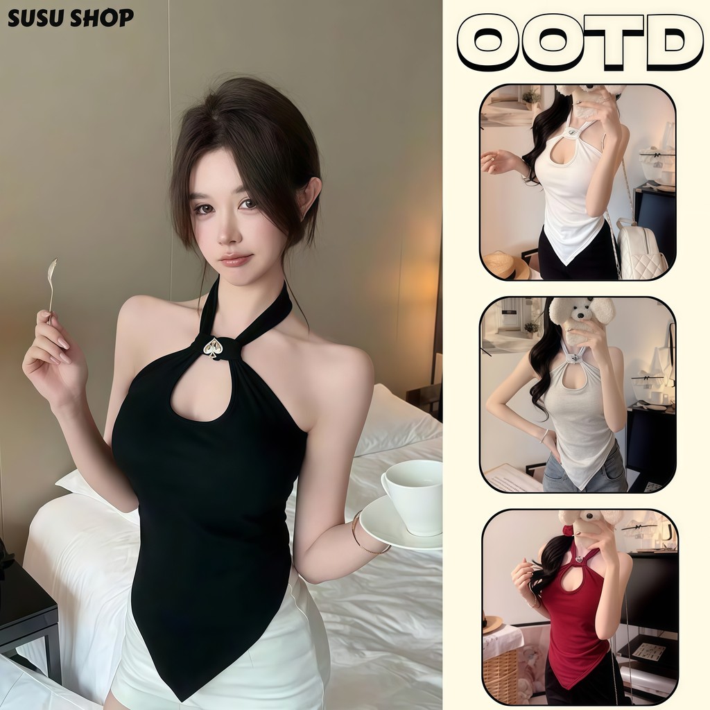SuSu เสื้อสายคล้องคอไร้แขนสำหรับสุภาพสตรี ดีไซน์โลหะเว้าอก สีพื้น แฟชั่น นุ่ม เซ็กซี่ สไตล์เกาหลี-FY10175