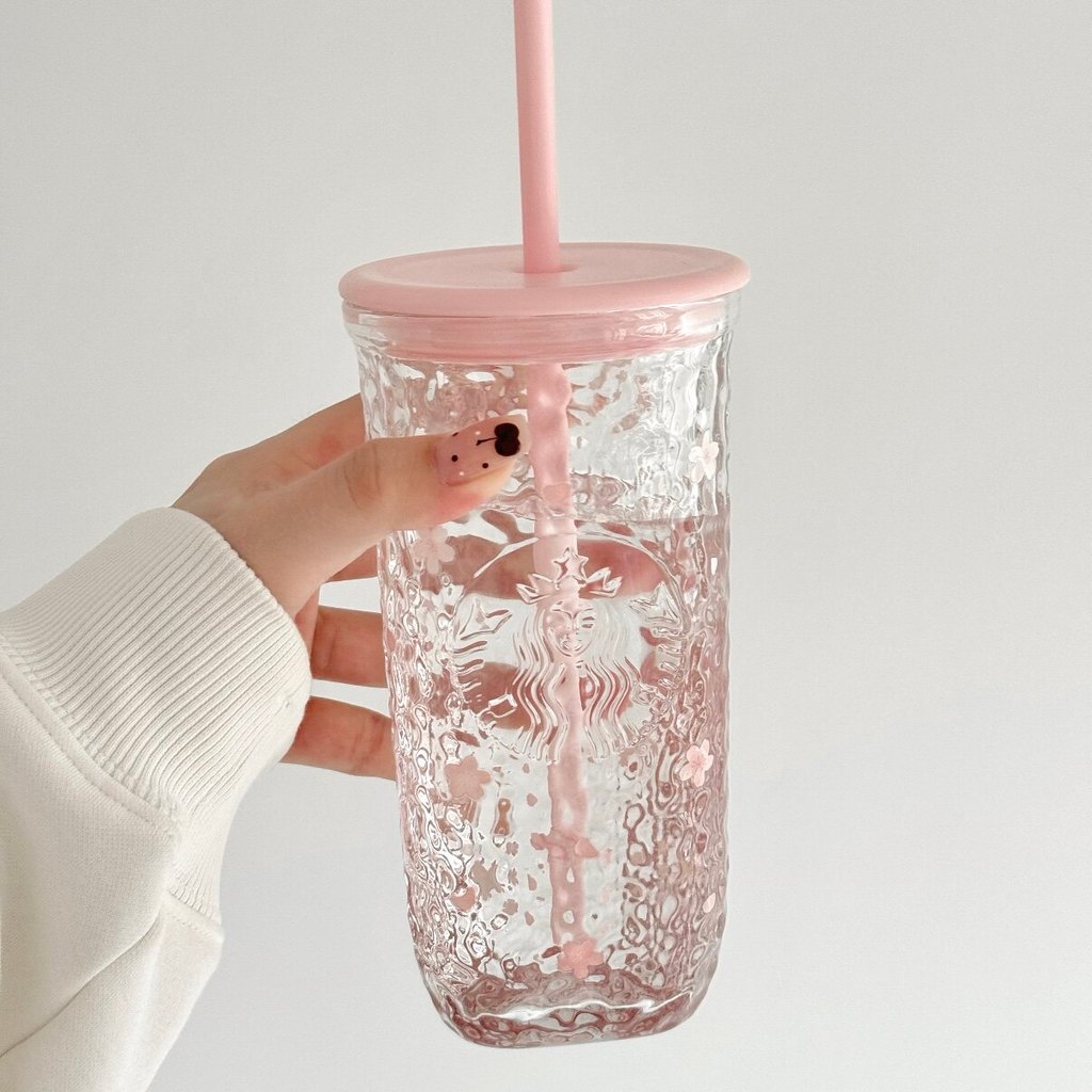 Starbucks Cup 2026 สินค้าใหม่ Spring Cherry Cute Pet Series Pink Glacier Triangle Glass Straw Cup Gift Female
