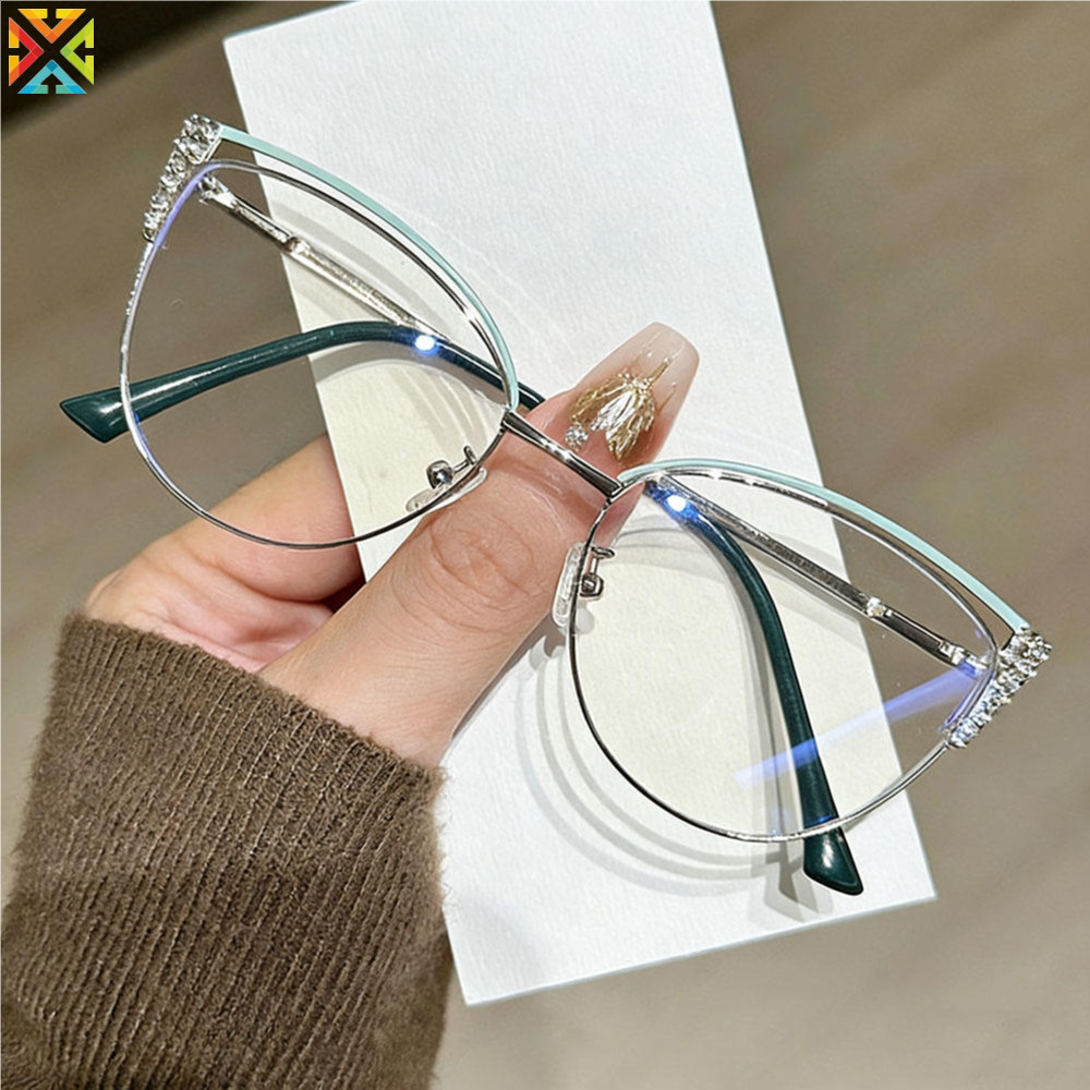 แฟชั่น Cat Eye Blue Light Blocking แว่นตาสําหรับผู้หญิงกรอบโลหะ Rhinestone Decor Anti - Eye Strain แว่นตาสําหรับ Office Study