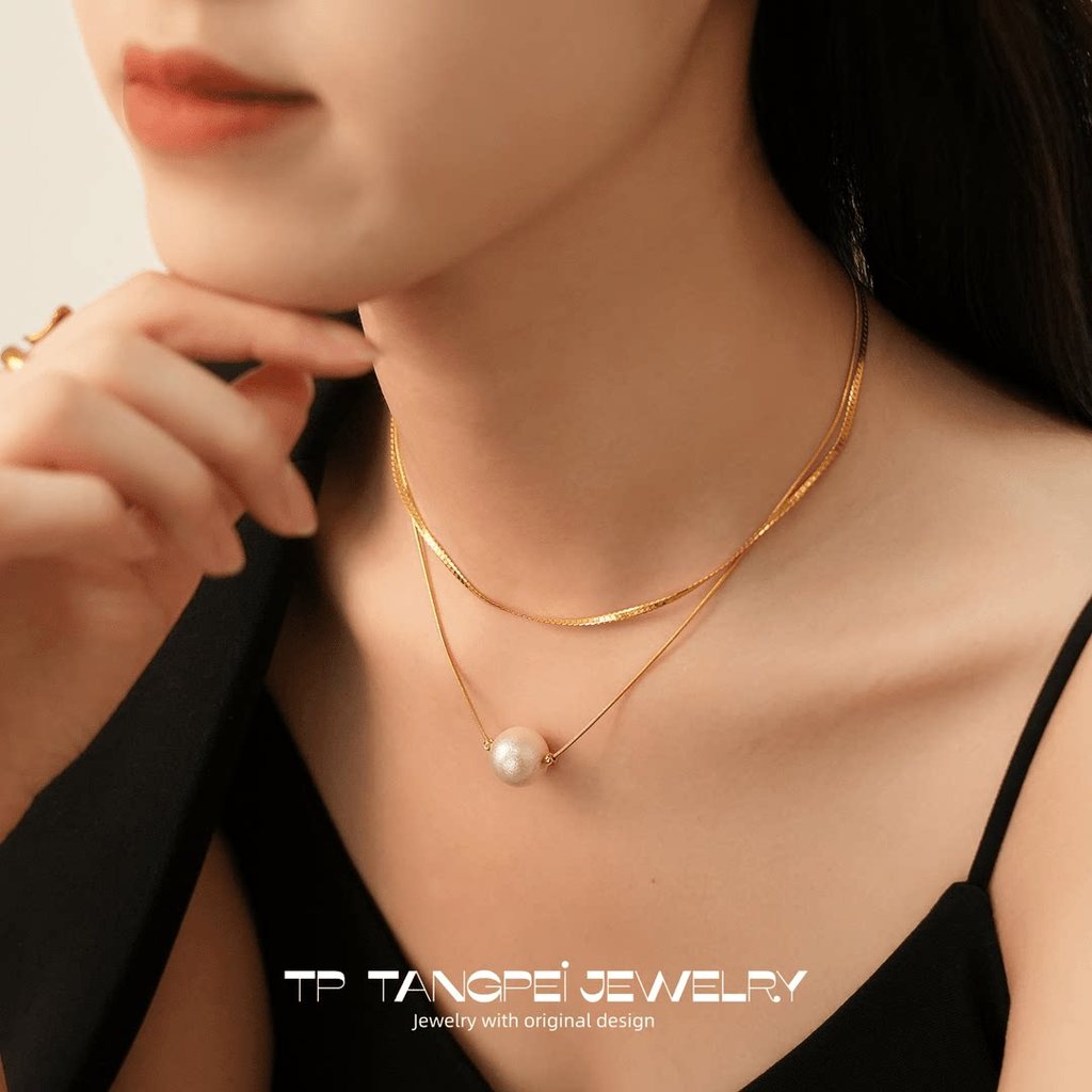 สร้อยคอมุก Tang Pei TP เครื่องประดับอารมณ์ไข่มุกเม็ดใหญ่ซ้อนสร้อยคอผู้หญิง2025ใหม่ออกแบบสองชั้นอารมณ